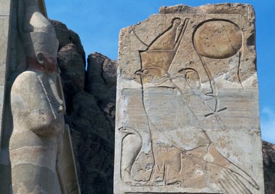 Pillar with bas-relief of Horus and double crown resting on uraeus, symbol of royal power, Mortuary Temple of Hatshepsut, Deir el-Bahari, Luxor, Thebes (Unesco World Heritage List) by Egyptian 18th Dynasty