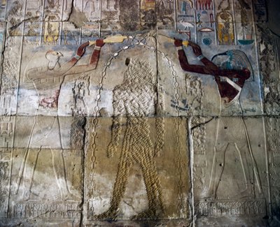 Queen Hatshepsut Between the God Horus and the God Thoth, Painted Relief, Hall of the Red Chapel of Hatshepsut, Karnak Temple Complex (Unesco World Heritage List) by Egyptian 18th Dynasty