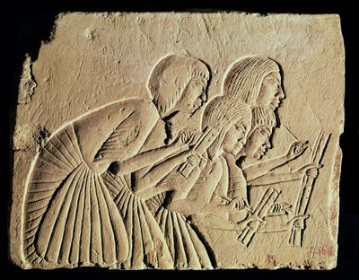 Tablet depicting four scribes at work, New Kingdom by Egyptian 18th Dynasty