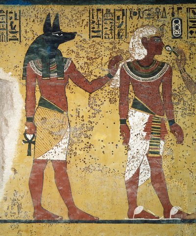 Tutankhamun Being Welcomed by Anubis and Hathor and Offering Them the Ankh, Fresco, South Wall of the Burial Chamber, Tomb of Tutankhamun (KV62), Valley of the Kings, Thebes, Egypt. Egyptian Civilization, New Kingdom, Dynasty XVIII by Egyptian 18th Dynasty