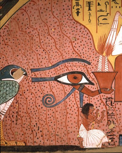 Egyptian antiquity: The artisan Pached kneels in worship near him, the eye of Horus Oudjat. Fresco of the tomb of Pachedou, Deir, el Medinet, Egypt by Egyptian 19th Dynasty