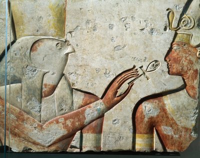 Falcon God Horus and Ramses II During the Opening of the Mouth Ceremony, Bas-relief, from Small Temple Built by Pharaoh at Abydos by Egyptian 19th Dynasty