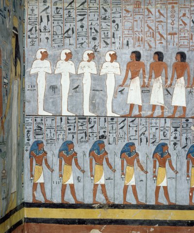 Mummies and male figures (detail), frescoes in burial chamber of Tomb of Ramesses I, Valley of Kings, Luxor, Thebes by Egyptian 19th Dynasty