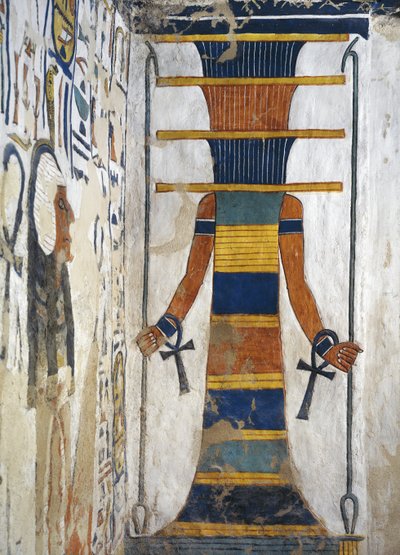 Osiris as a djed pillar holding a was sceptre in each hand and with an ankh on each wrist (detail) by Egyptian 19th Dynasty