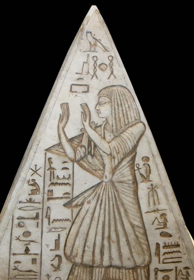 Pyramidion in limestone poses at the top of the chapel tombs in the pyramids by Egyptian 19th Dynasty