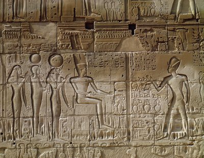 Relief depicting Seti I making an offering to Amun, from the north exterior wall of the Hypostyle Hall by Egyptian 19th Dynasty