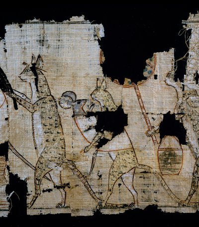 Papyrus depicting satirical scene, ca 1100 BC, dating from reign of Ramesses IX, (detail), Egyptian Civilisation, New Kingdom, Dynasty XX by Egyptian 20th Dynasty
