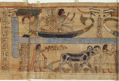 Detail from the Book of the Dead of the priest Aha-Mer depicting a barque and a farming scene, Third Intermediate Period by Egyptian 21st Dynasty