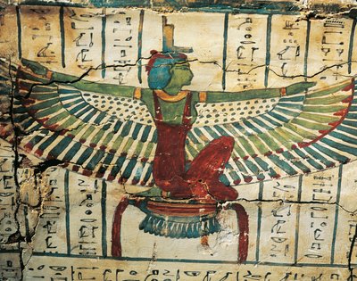Painted, Lacquered Wood, Depicting Goddess Isis with Spread Wings, on Sarcophagus of Cesraperet from West Thebes by Egyptian 25th Dynasty