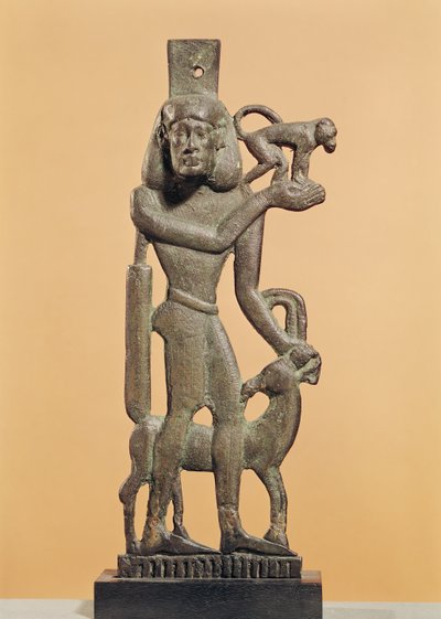 Figure of a man holding a monkey with an ibex licking his knee, Saite Period by Egyptian 26th Dynasty