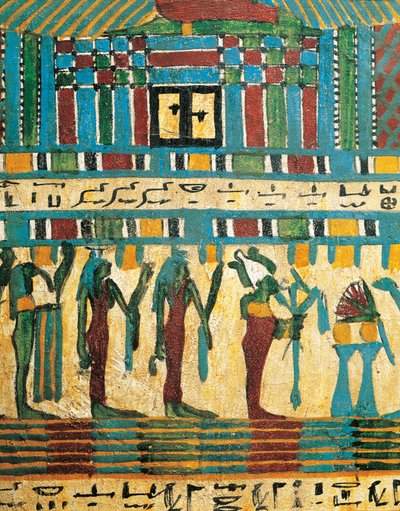 Plastered and painted wood panel detail with judgment chamber and god Osiris followed by divinities, from Sarcophagus of Usai, Thebes by Egyptian 26th Dynasty