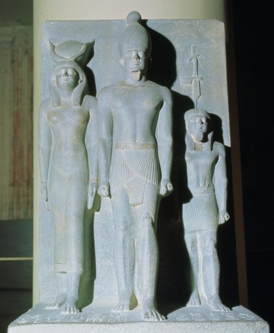 Triad of Menkaure (Mycerinus) with the Goddess Hathor and One of the Nome Deities from the Valley Temple of the Pyramid of Menkaure at Giza, Old Kingdom by Egyptian 4th Dynasty