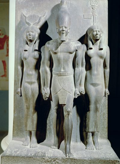 Triad of Menkaure with the Goddess Hathor and the Goddess of the Aphroditopolis Nome by Egyptian 4th Dynasty