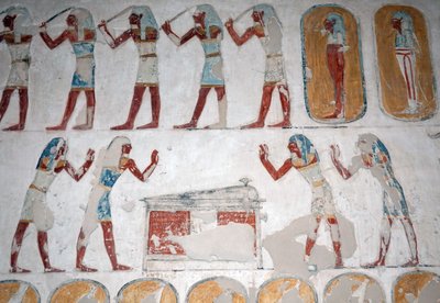 Armed men and figure in front of a sarcophagus, Valley of the Kings, Luxor by Egyptian Egyptian