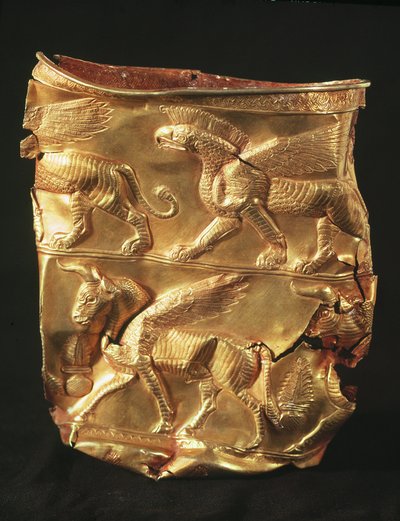 Beaker decorated with winged bull and monsters with eagle heads, from Marlik, Iran by Elamite