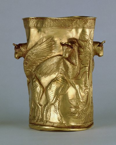 Beaker decorated with winged bulls flanking a tree, from Marlik, Iran, c.12th-11th century BC by Elamite