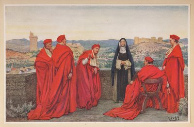St. Catherine of Siena negotiating with Pope Gregory XI on behalf of the Florentines. by Eleanor Fortescue Brickdale