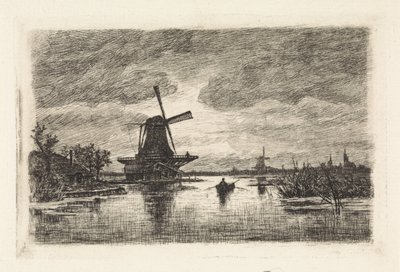 Landscape with Two Windmills and a Rowboat by Elias Stark