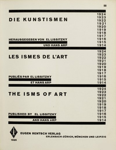 Title Page: The Isms of Art by El Lissitzky and Hans Arp by Eliezer Markowich Lissitzky