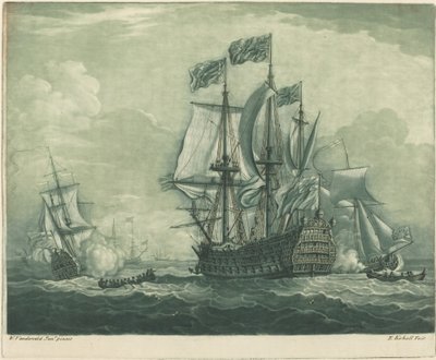 Shipping Scene with Man-of-War by Elisha Kirkall after Willem van de Velde the Younger
