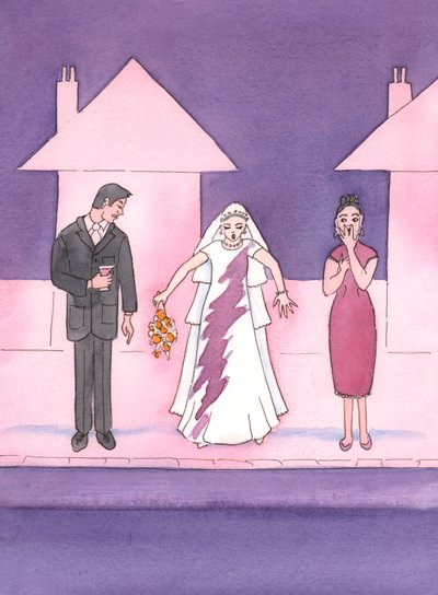 A bride is horrified at seeing a stain on her dress, and we should also avoid having 