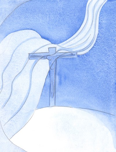 As Christ pours out His Blood in a New Covenant, a great malevolent wind sweeps over the Cross, threatening and destroying by Elizabeth Wang