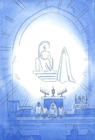 Christ is enthroned above us, in glory, at our Novena and Benediction, which is like a heavenly party. Our mother Mary stands joyfully close by by Elizabeth Wang
