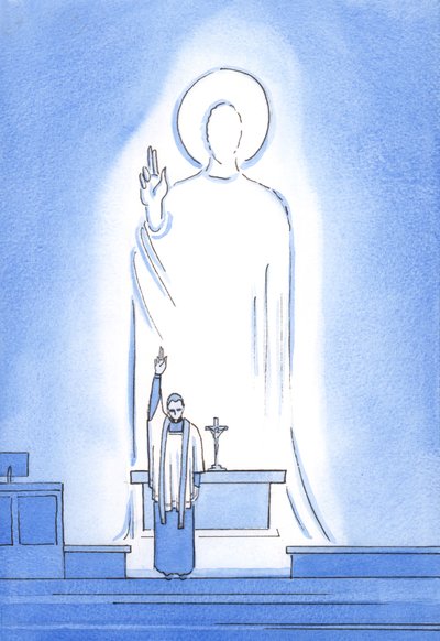 Christ speaks and acts through His priests, who bless and forgive 
