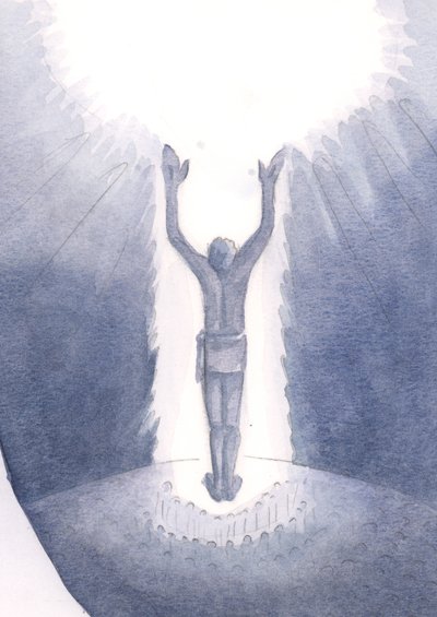 Christ stands amongst us at the Mass and prays for sinners by offering His once-for-all Sacrifice by Elizabeth Wang