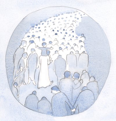 Christ was walking in the midst of His people, a child on His shoulders, with the pilgrims and sick ones by Elizabeth Wang