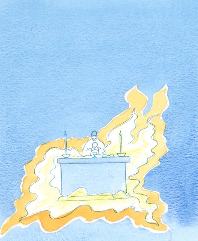 Flames billow out from the front of the altar by Elizabeth Wang