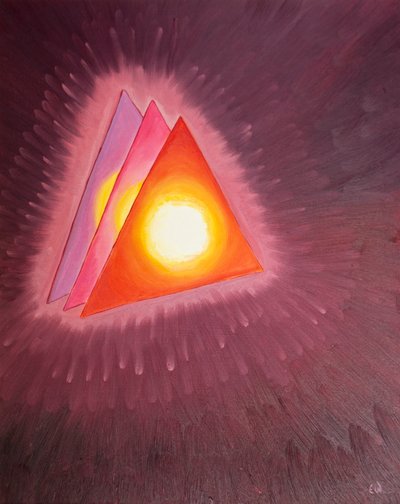 I was shown a symbol of the Holy Trinity: three triangles, with a fire like molten lava (representing Divine Love) at the heart of each, 2003 by Elizabeth Wang