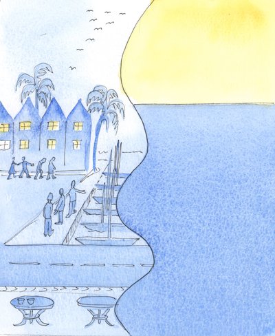 In a seaside town, we can gaze at the busy streets and harbour, or turn to admire the sky and the calm sea by Elizabeth Wang