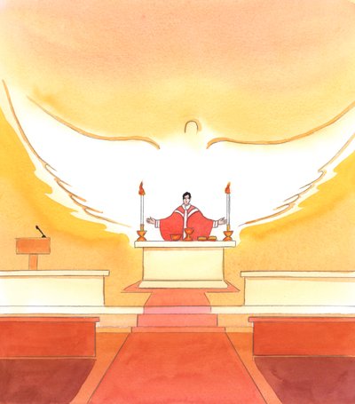 It is the Holy Spirit Who is at work in every prayer we offer, and at work to effect the change which takes place at the Consecration, when the bread and wine became the Sacred Body and Blood of Christ, 2002 by Elizabeth Wang