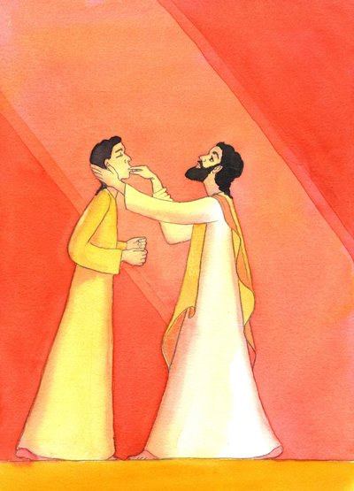 Jesus heals the deaf man, as He raises His eyes to Heaven, in prayer by Elizabeth Wang