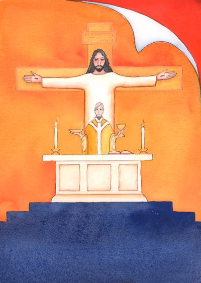 Jesus is Present with us at Mass, praying to the Father on our behalf, for help in our needs, and for eternal salvation. We can unite all our prayers with his great sacrificial prayer by Elizabeth Wang