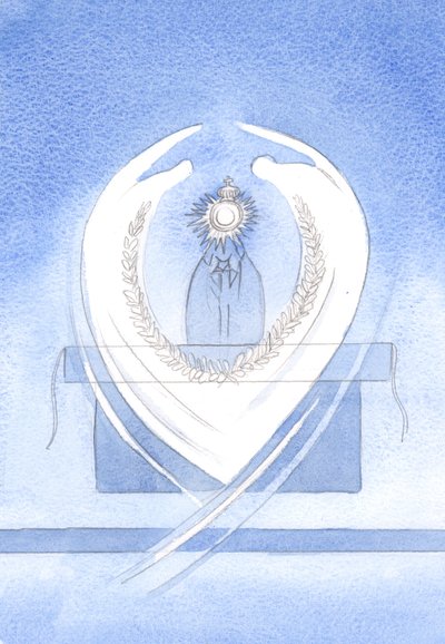 On greeting Christ, the King, I saw a Host enclosed with rays around, with a crown above, a royal wreath below, and Angels bowing in adoration by Elizabeth Wang