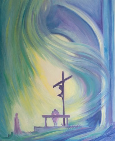The Mass is like a window into time, through which we are present to the Saving Sacrifice of Christ, as Mary looks on, 2000 by Elizabeth Wang
