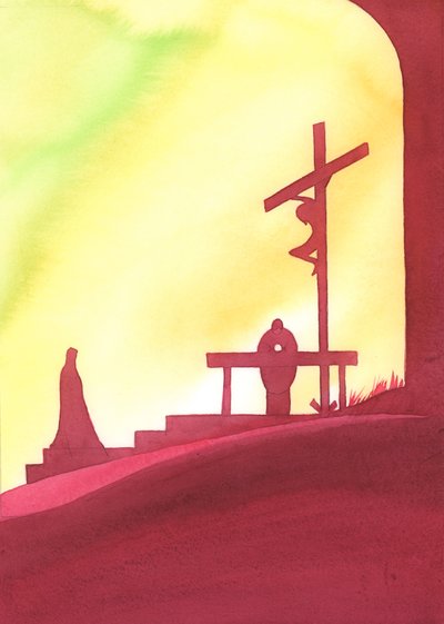 The Mass is like a window into time, through which we are present to the Saving Sacrifice of Christ, as Mary looks on by Elizabeth Wang