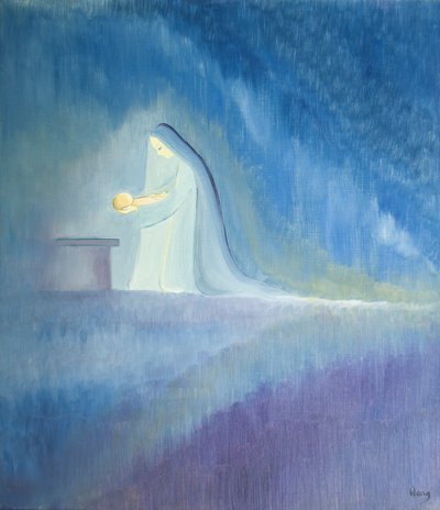 The Virgin Mary cared for her child Jesus with simplicity and joy by Elizabeth Wang