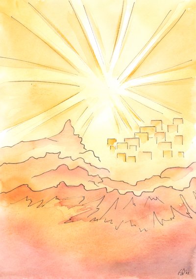 To live on earth in blissful union with God is to live as if at the edge of the Heavenly City, on the mountain-top, far above the dark path below by Elizabeth Wang