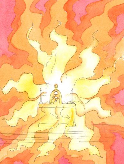 When the bread and wine have been changed into the Sacred Body and Blood of Christ, He, the Lamb of God, our Saviour, is substantially Present: the Risen Christ, in the fire of His Divine Glory by Elizabeth Wang