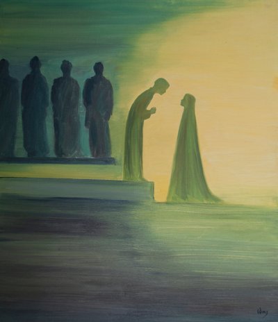 When the child Jesus was found in the Temple, He leaned forward, quietly explaining to His Holy Mother (with infinite kindness) that His work had already begun. by Elizabeth Wang