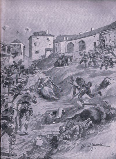 The Aschaffenberg 2nd Bavarian Hunter Battalion at Lagarde August 1914, from The Illustrated History of the World War 1914-1915 pub. by Union Berlagsefellfchaft by Emil (after) Limmer