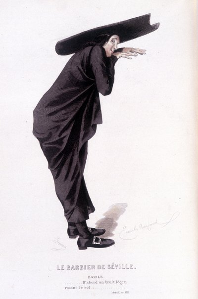 Complete work by Beaumarchais (1732-1799) by Edouard Fournier. drawing by Emile Bayard. Ed. Laplace, Sanchez et Cie, Paris 1876. This is Bazile in “The Barber of Seville” by Emile Antoine Bayard
