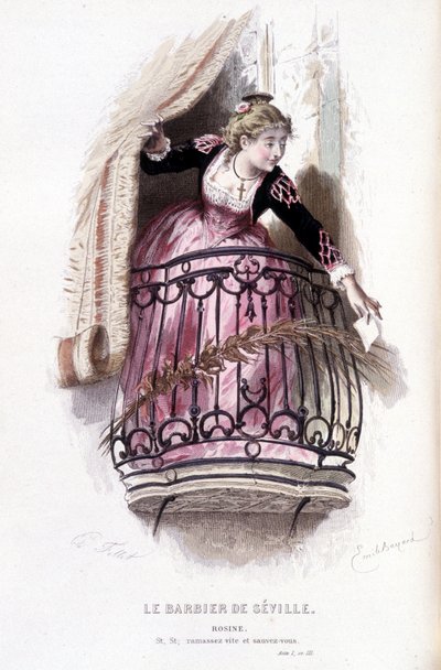Complete work by Beaumarchais (1732-1799) by Edouard Fournier. drawing by Emile Bayard. Ed. Laplace, Sanchez et Cie, Paris 1876. This is Rosine in “The Barber of Seville” by Emile Antoine Bayard