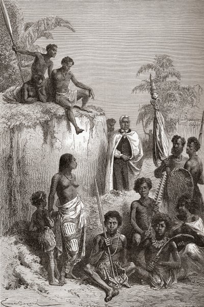 Hawaiian King Kamehameha I and his warriors, illustration from 