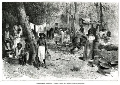 Les blanchisseuses au Chorillo, Panama, engraving after a drawing by E.Bayard, to illustrate the story Exploration at the isthmus of Panama and Darien, by A. Reclus, lieutenant of ship, from 1876 to 1878, published in the tour du monde, under the direction by Emile Antoine Bayard