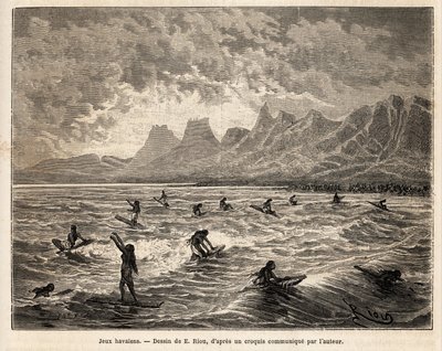 Surfing, the practice of Hawaiian favorite game, here by women, in balance, standing or sitting, on the board, on the crest of the waves, who bring them back to the beach (engraving after Emile Bayard