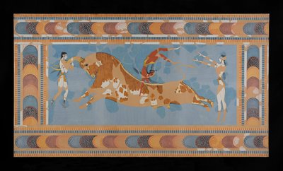 Painting of the restored Taureador Fresco from the Palace of Minos at Knossos by Emile Gilliéron